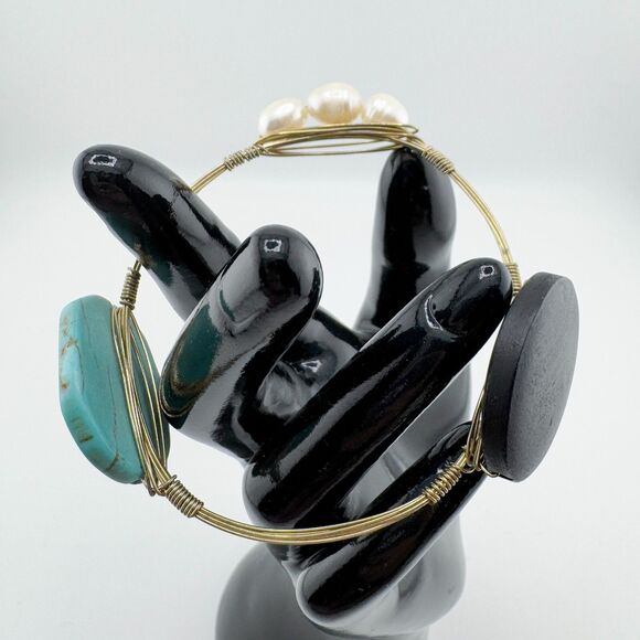 Bohemian Wire Wrapped Bracelet Turquoise Color Stone Wood Faux Pearl Bangle - Picture 2 of 9